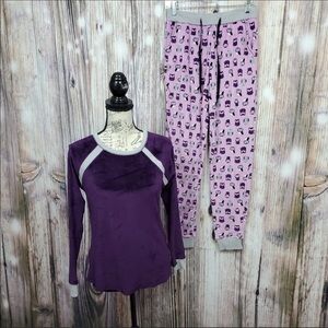 Cuddl Duds Purple Owl Print Ultra Plush Velvet Pajama Lounge Set New Size XS